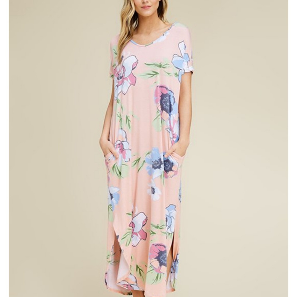 Peach Floral Open Back Maxi Dress